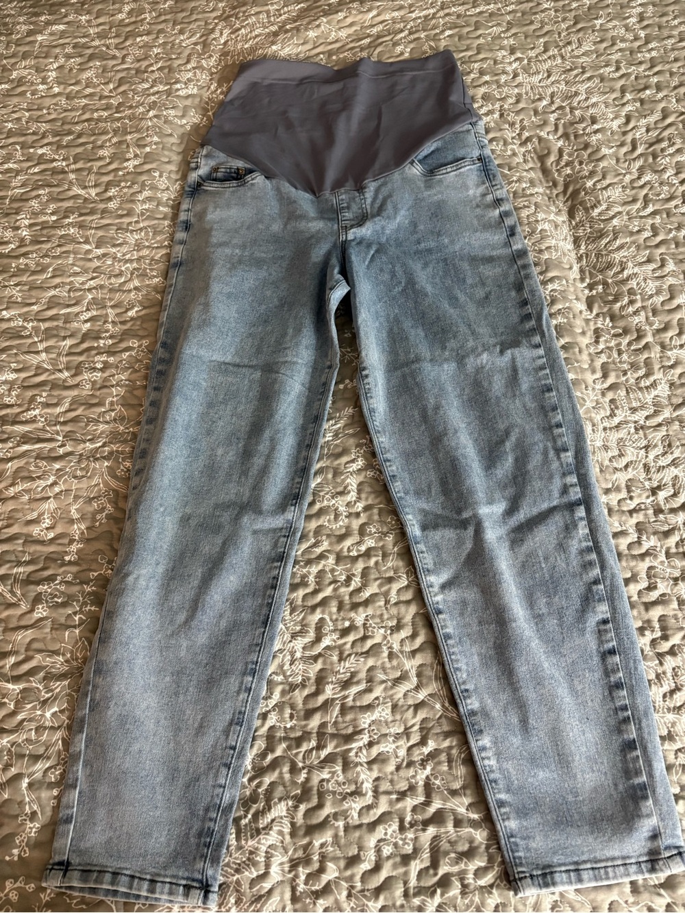 Thyme Maternity Light Blue Straight Leg Jeans with Gray Stretch Waistband